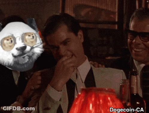A Man With A Doge Coin On His Face Is Laughing GIF