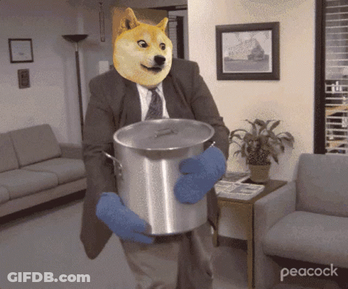 A Man With A Doge Head Holding A Pot GIF
