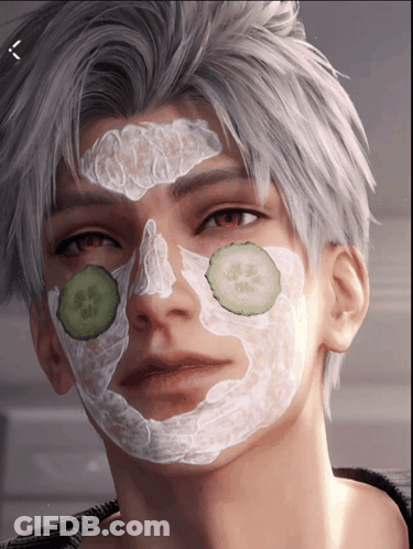 A Man With A Face Mask And Cucumber Slices On His Face GIF