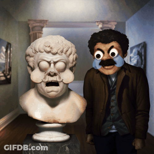 A Man With A Fake Mustache Is Standing Next To A Bust Of A Man GIF