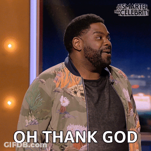 A Man With A Floral Jacket Says " Oh Thank God " GIF