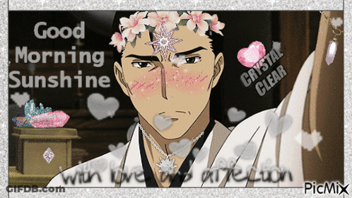 A Man With A Flower Crown On His Head Says Good Morning Sunshine With Love GIF