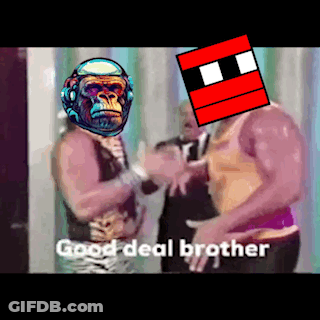 A Man With A Gorilla Mask On His Head Is Standing Next To Another Man With A Red Cube On His Head . GIF