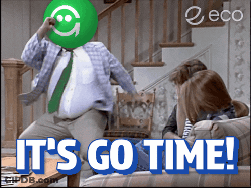 A Man With A Green Balloon On His Head And The Words It 'S Go Time On The Bottom GIF