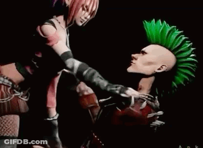 A Man With A Green Mohawk And A Woman With Purple Hair Are Kissing Each Other . GIF
