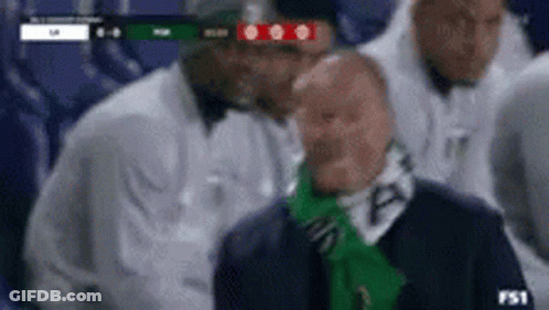 A Man With A Green Scarf Around His Neck Is Sitting In The Stands Watching A Soccer Game . GIF