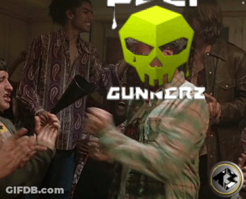 A Man With A Green Skull On His Head Is Wearing A Gunnerz Sticker GIF