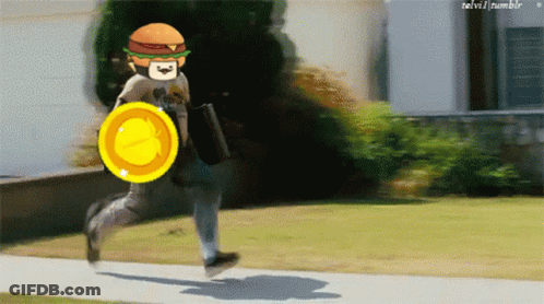 A Man With A Hamburger On His Head Is Running With A Yellow Frisbee GIF