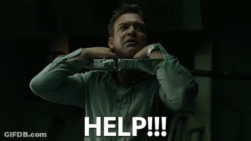 A Man With A Handcuff Around His Neck Says Help !!! GIF