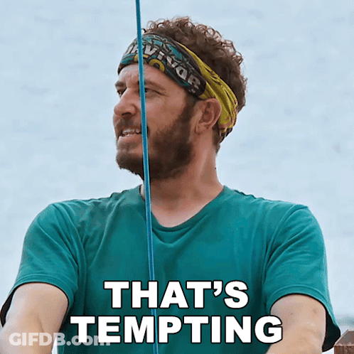 A Man With A Headband That Says Survivor On It Is Holding A Fishing Rod And Says That 'S Tempting GIF