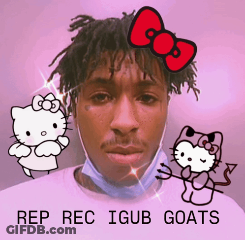 A Man With A Hello Kitty On His Head And The Words Rep Rec Igub Goats GIF