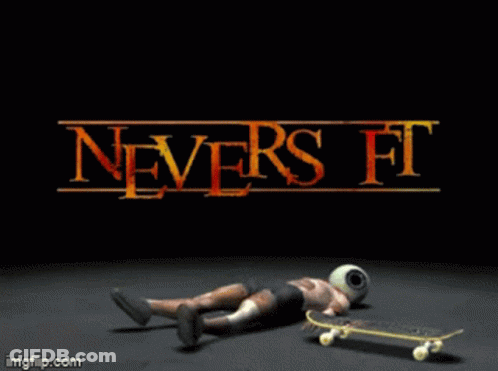 A Man With A Helmet On His Head Is Riding A Skateboard In Front Of The Word Never GIF