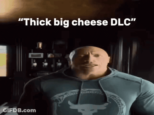 A Man With A Hoodie That Says " Thick Big Cheese Dlc " On It GIF