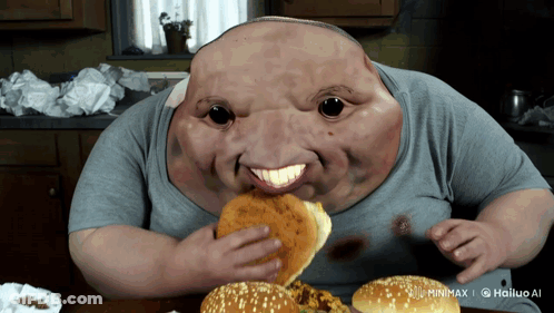 A Man With A Huge Face Is Eating A Hamburger With The Watermark Minimax GIF
