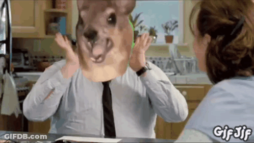 A Man With A Kangaroo Mask On His Face Is Talking To A Woman In A Kitchen . GIF