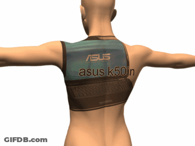 A Man With A Laptop On His Back That Says Asus K50 In GIF