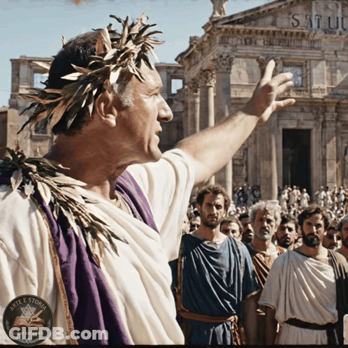 A Man With A Laurel Wreath On His Head Is Standing In Front Of A Building That Says Satul GIF
