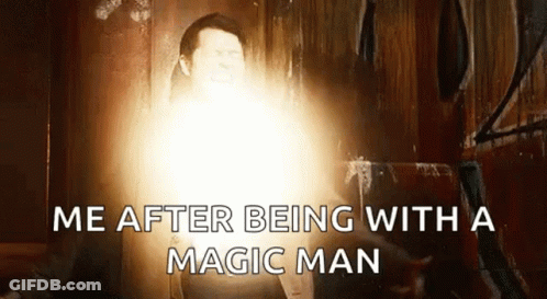 A Man With A Light Coming Out Of His Mouth And The Words `` Me After Being With A Magic Man '' . GIF