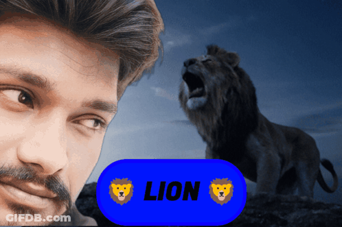 A Man With A Lion Behind Him And The Word Lion On A Blue Circle GIF