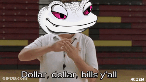A Man With A Lizard Head Says " Dollar Dollar Bills Y 'All " GIF