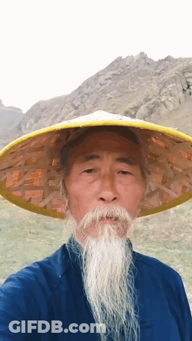 A Man With A Long White Beard Wearing A Yellow Hat GIF
