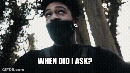 A Man With A Mask On His Face And The Words When Did I Ask Below Him GIF