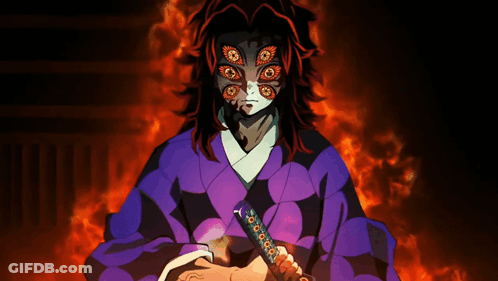 A Man With A Mask On His Face Is Holding A Sword In Front Of A Fire Background GIF