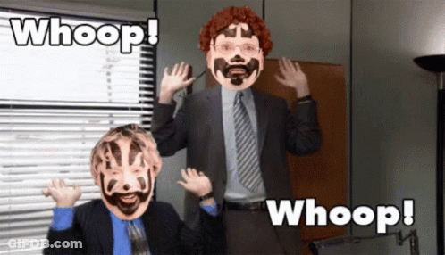 A Man With A Mask On His Face Is Standing Next To Another Man With A Mask On His Face And The Words Whoop On The Bottom GIF