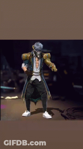 A Man With A Mask On His Face Is Wearing A Blue And Gold Outfit GIF