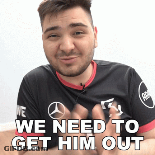 A Man With A Mercedes Logo On His Shirt Says " We Need To Get Him Out " GIF