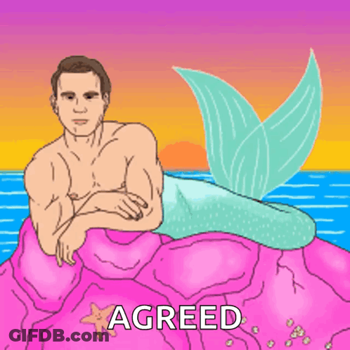 A Man With A Mermaid Tail Is Laying On A Pink Rock With The Word Agreed Below Him GIF