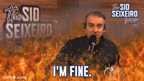 A Man With A Microphone Says I 'M Fine In Front Of A Fire Background GIF