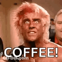A Man With A Mohawk Is Holding A Microphone And Says `` Coffee ! '' GIF