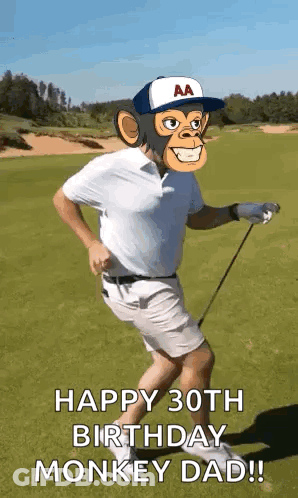 A Man With A Monkey Face On His Head Is Playing Golf On A Golf Course . GIF