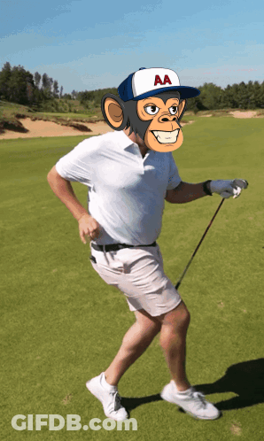 A Man With A Monkey Mask On His Face Is Holding A Golf Club On A Golf Course GIF