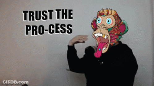 A Man With A Monkey Mask On His Face Says Trust The Process GIF