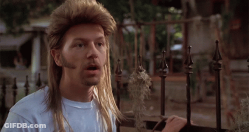 A Man With A Mullet And A Beard Is Standing In Front Of A Metal Fence GIF