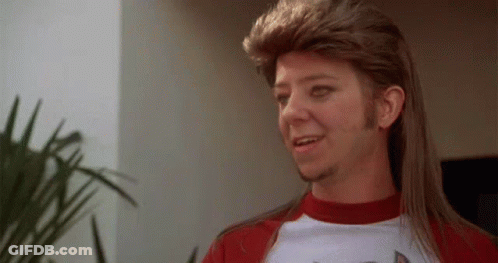 A Man With A Mullet And A Beard Is Wearing A Red Shirt . GIF