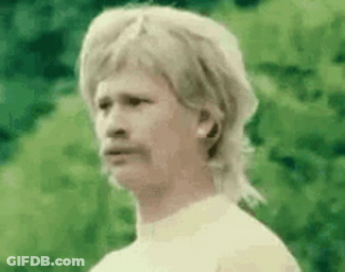 A Man With A Mullet And A Mustache Is Looking At The Camera . GIF