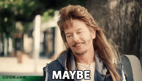 A Man With A Mullet Is Sitting On A Bench And The Word Maybe Is On The Bottom GIF