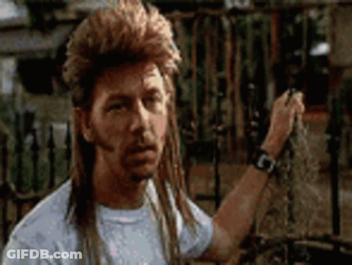 A Man With A Mullet Is Standing In Front Of A Fence Holding A Chain . GIF
