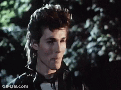 A Man With A Mullet Is Wearing A Black Leather Jacket And Looking At The Camera . GIF