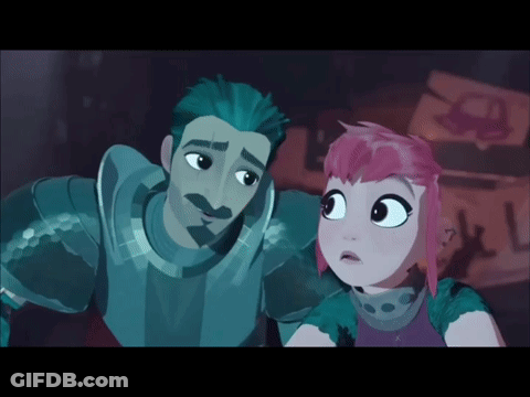 A Man With A Mustache And A Girl With Pink Hair Are Looking At Each Other GIF
