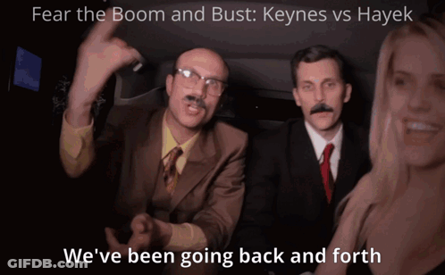 A Man With A Mustache And Glasses Says " We 'Ve Been Going Back And Forth " In Front Of A Woman GIF
