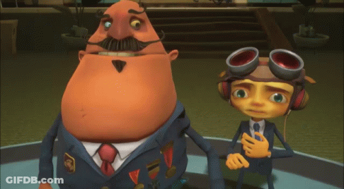 A Man With A Mustache And Goggles Stands Next To A Boy GIF