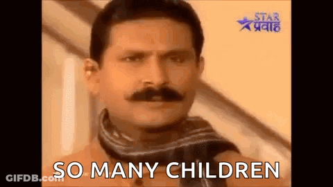 A Man With A Mustache And Scarf Is Making A Funny Face And Says `` So Many Children '' . GIF