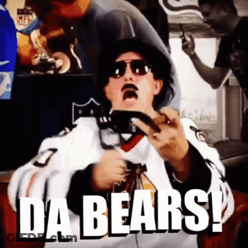 A Man With A Mustache And Sunglasses Is Holding A Cell Phone And Saying Da Bears ! GIF