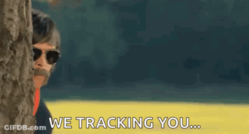 A Man With A Mustache And Sunglasses Is Peeking Out From Behind A Tree And Says We Tracking You GIF