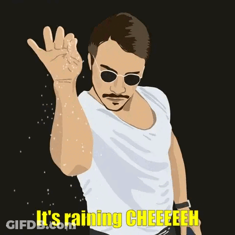 A Man With A Mustache And Sunglasses Says It 'S Raining Cheeeeeh GIF