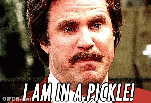 A Man With A Mustache Has The Words I Am In A Pickle Written On His Face GIF